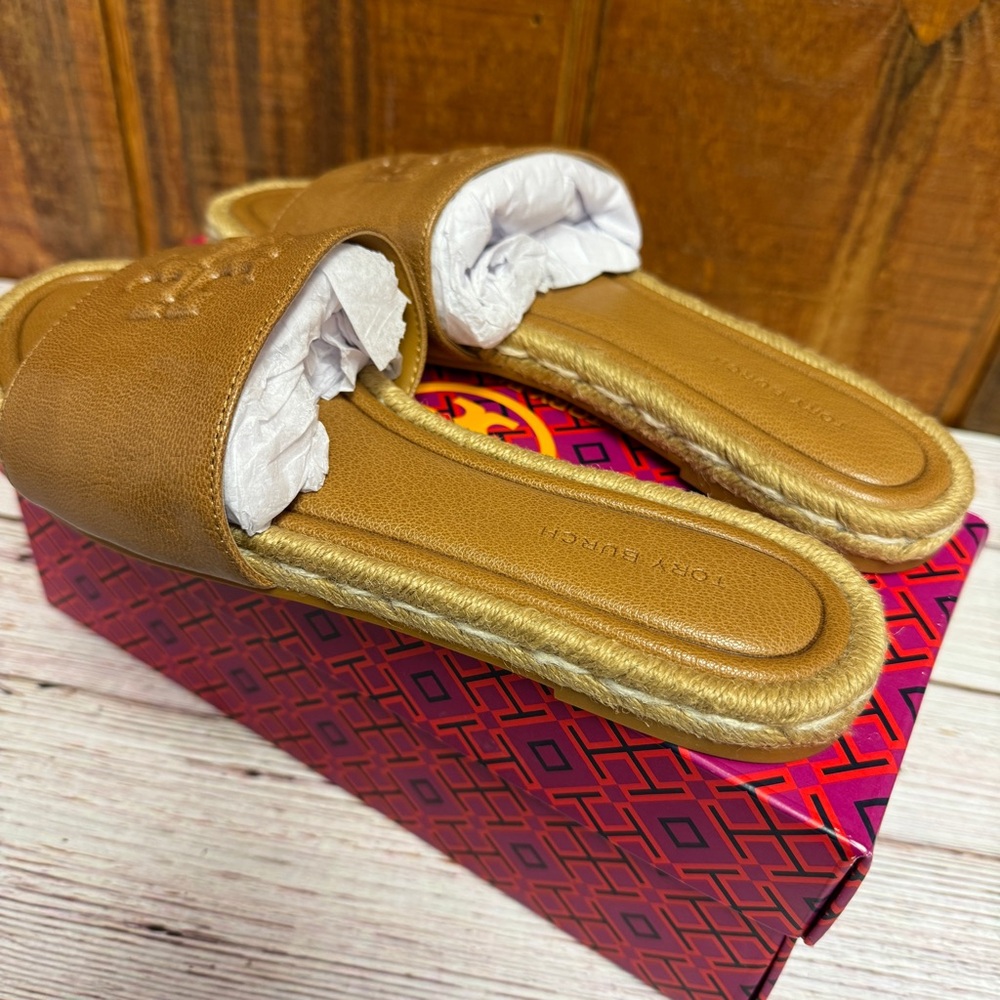 Tory Burch Everly Leather Espadrille Slide - Caramel - Picture 2 of 5